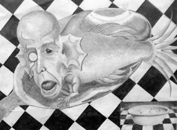 Mutant Soup, a 1993 pencil drawing of a fish with a monocled human face on a checkered floor, beside a bowl of soup.